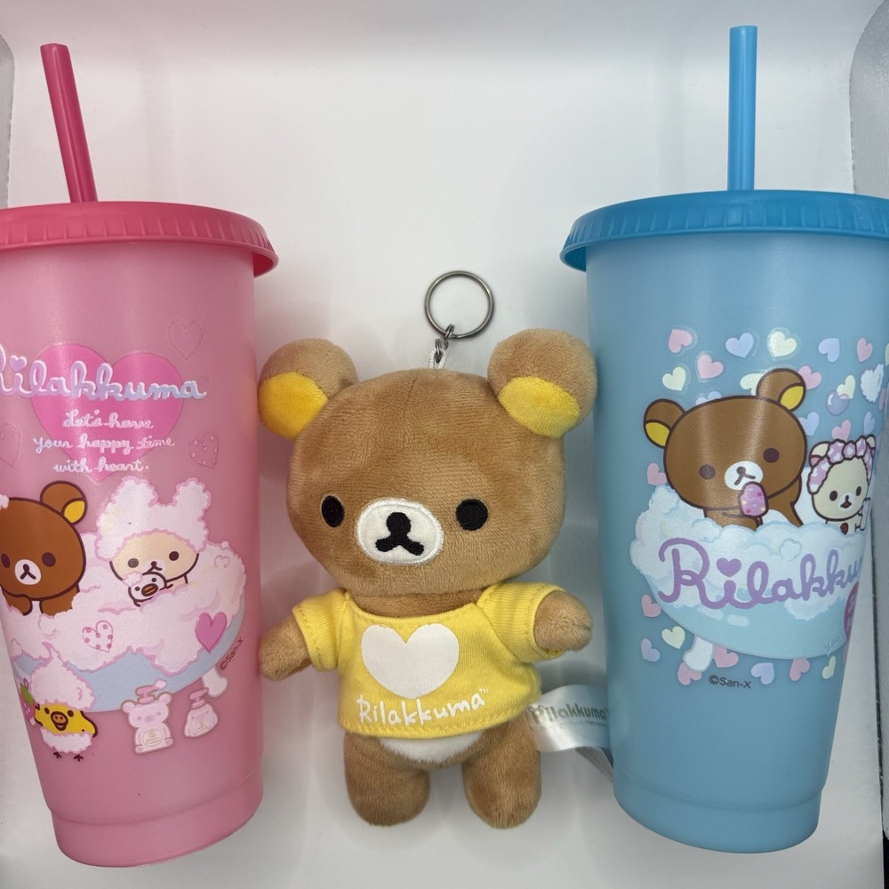 Lot of 2 Rilakkuma Round1 Color Changing‎ Tumblers Pink Blue + 7" Plush Keychain